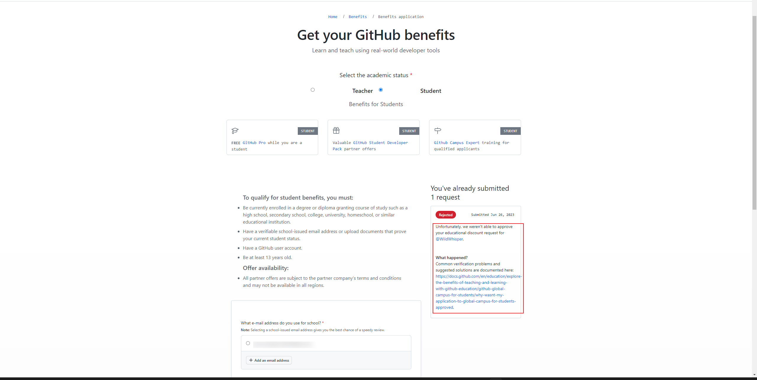 GitHub Copilot学生包提交学生资料认证提示Common verification problems and suggested solutions are documented here插图